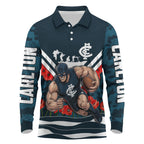 Personalised Carlton Blues ANZAC Long Sleeve Polo Shirt Military Remembrance Australian Football Mascot Camouflage