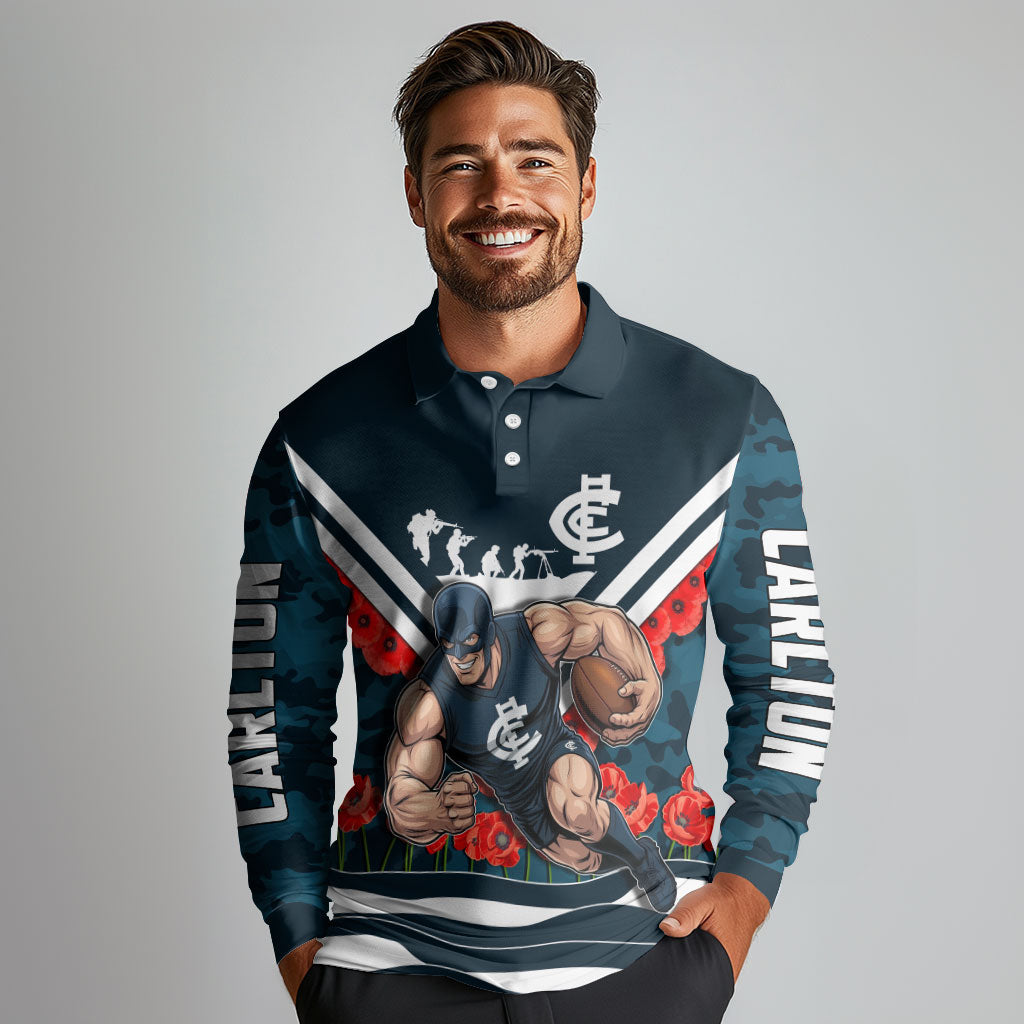 Personalised Carlton Blues ANZAC Long Sleeve Polo Shirt Military Remembrance Australian Football Mascot Camouflage