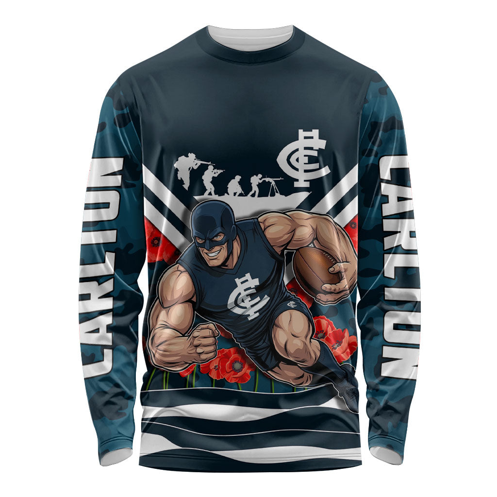 Personalised Carlton Blues ANZAC Long Sleeve Shirt Military Remembrance Australian Football Mascot Camouflage
