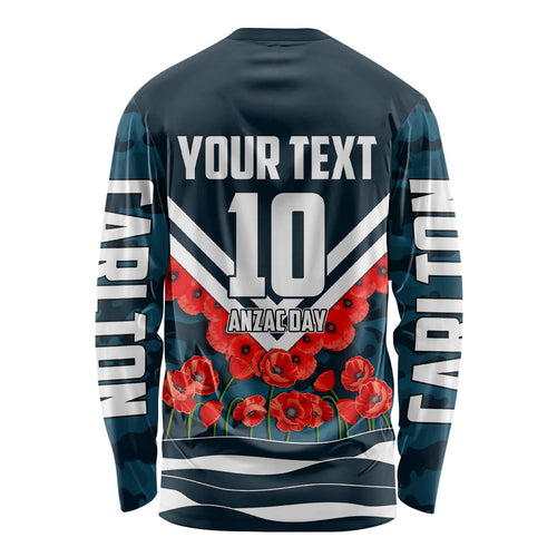 Personalised Carlton Blues ANZAC Long Sleeve Shirt Military Remembrance Australian Football Mascot Camouflage