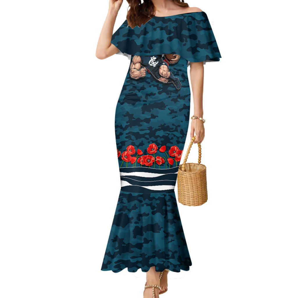 Personalised Carlton Blues ANZAC Mermaid Dress Military Remembrance Australian Football Mascot Camouflage