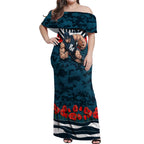 Personalised Carlton Blues ANZAC Off Shoulder Maxi Dress Military Remembrance Australian Football Mascot Camouflage