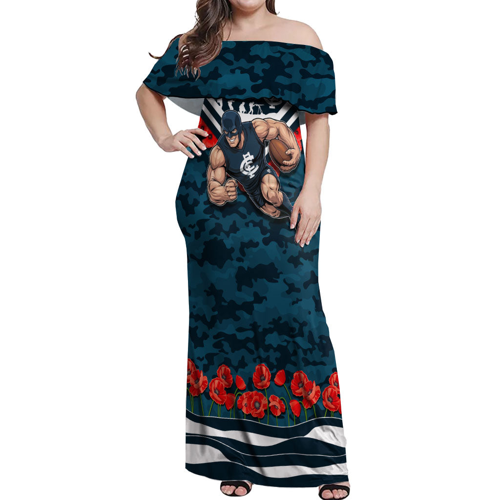 Personalised Carlton Blues ANZAC Off Shoulder Maxi Dress Military Remembrance Australian Football Mascot Camouflage