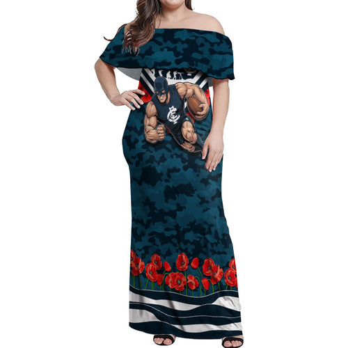 Personalised Carlton Blues ANZAC Off Shoulder Maxi Dress Military Remembrance Australian Football Mascot Camouflage