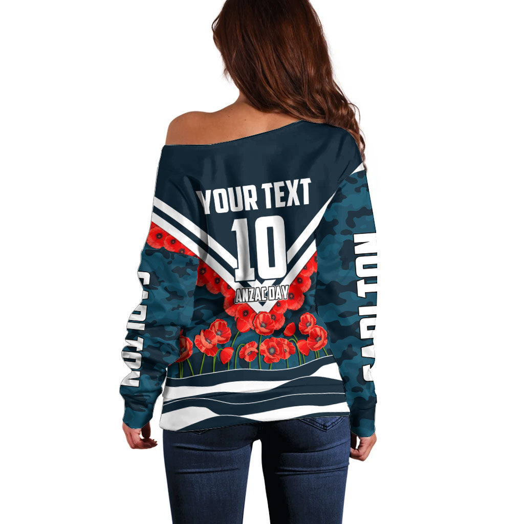 Personalised Carlton Blues ANZAC Off Shoulder Sweater Military Remembrance Australian Football Mascot Camouflage