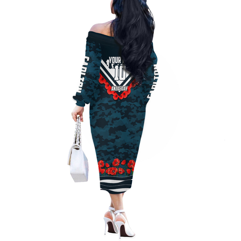 Personalised Carlton Blues ANZAC Off The Shoulder Long Sleeve Dress Military Remembrance Australian Football Mascot Camouflage