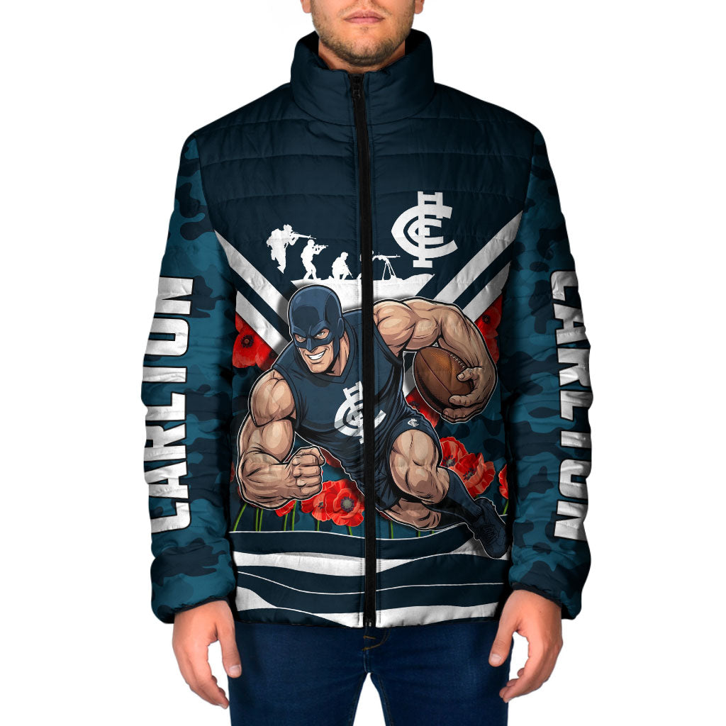 Personalised Carlton Blues ANZAC Padded Jacket Military Remembrance Australian Football Mascot Camouflage