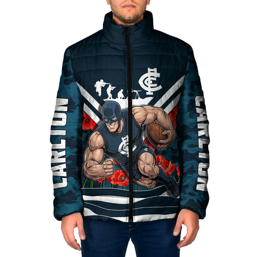 Personalised Carlton Blues ANZAC Padded Jacket Military Remembrance Australian Football Mascot Camouflage