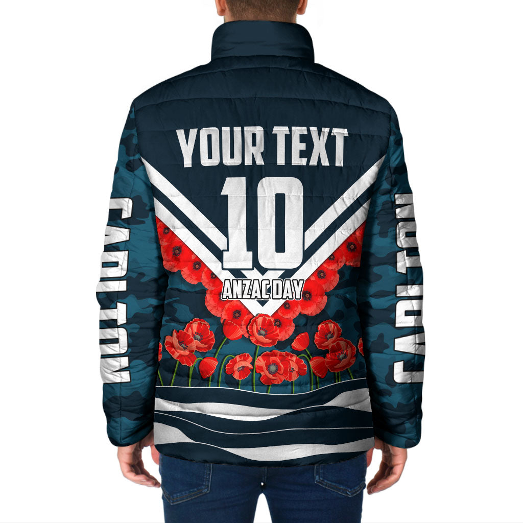 Personalised Carlton Blues ANZAC Padded Jacket Military Remembrance Australian Football Mascot Camouflage