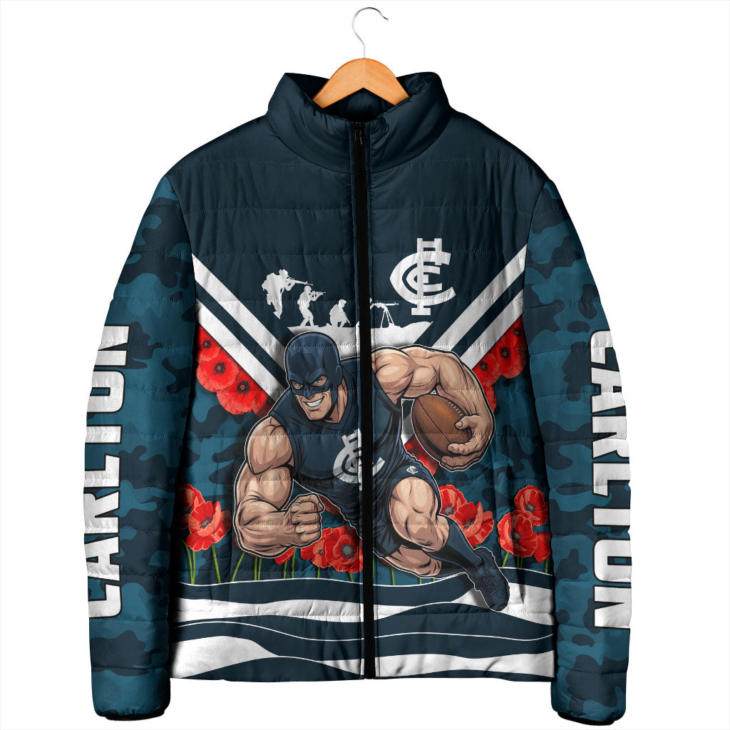 Personalised Carlton Blues ANZAC Padded Jacket Military Remembrance Australian Football Mascot Camouflage