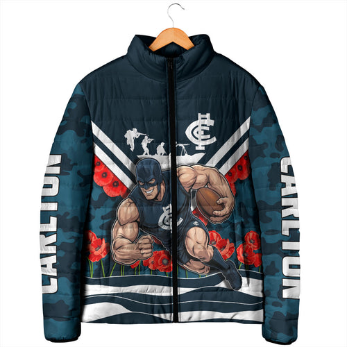 Personalised Carlton Blues ANZAC Padded Jacket Military Remembrance Australian Football Mascot Camouflage