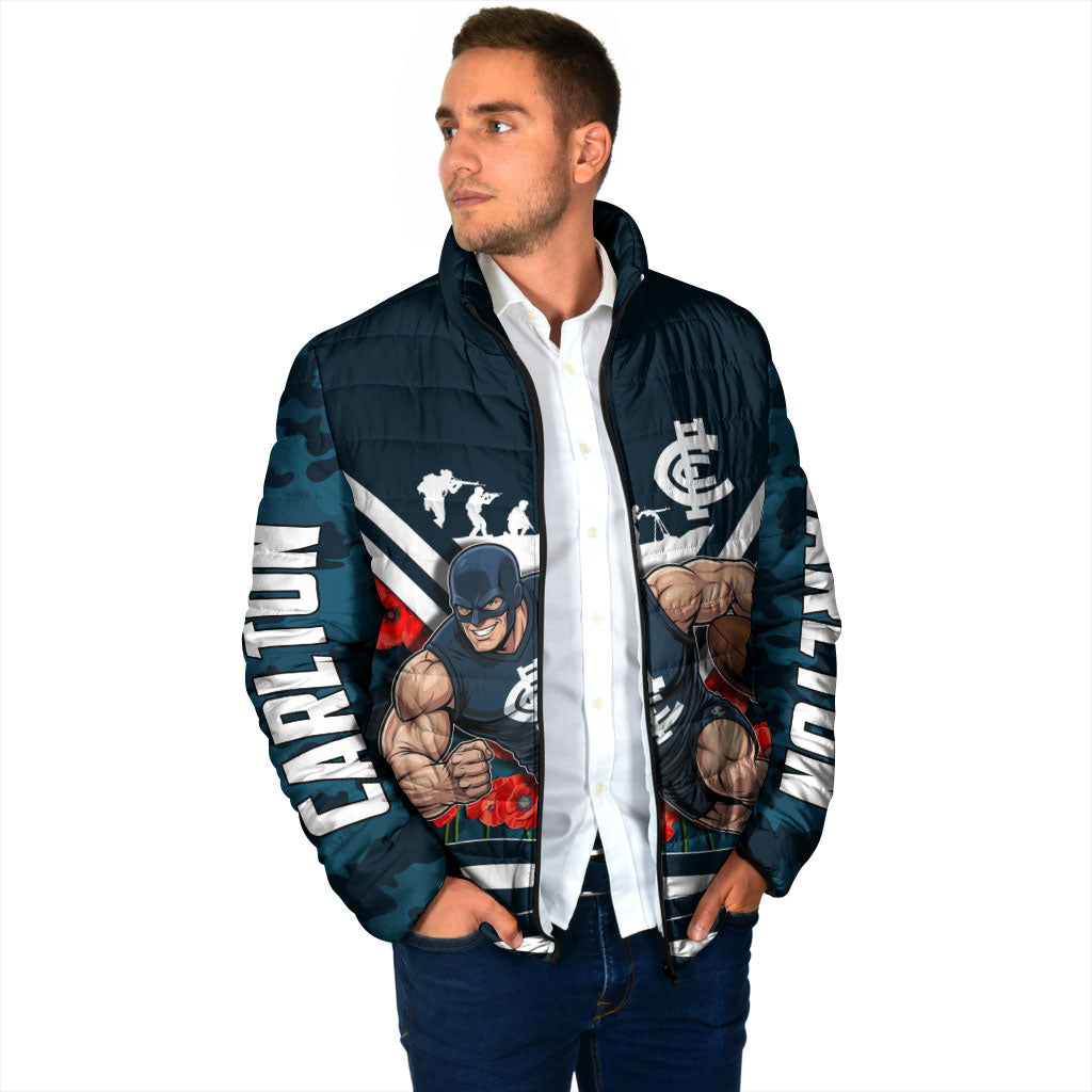 Personalised Carlton Blues ANZAC Padded Jacket Military Remembrance Australian Football Mascot Camouflage