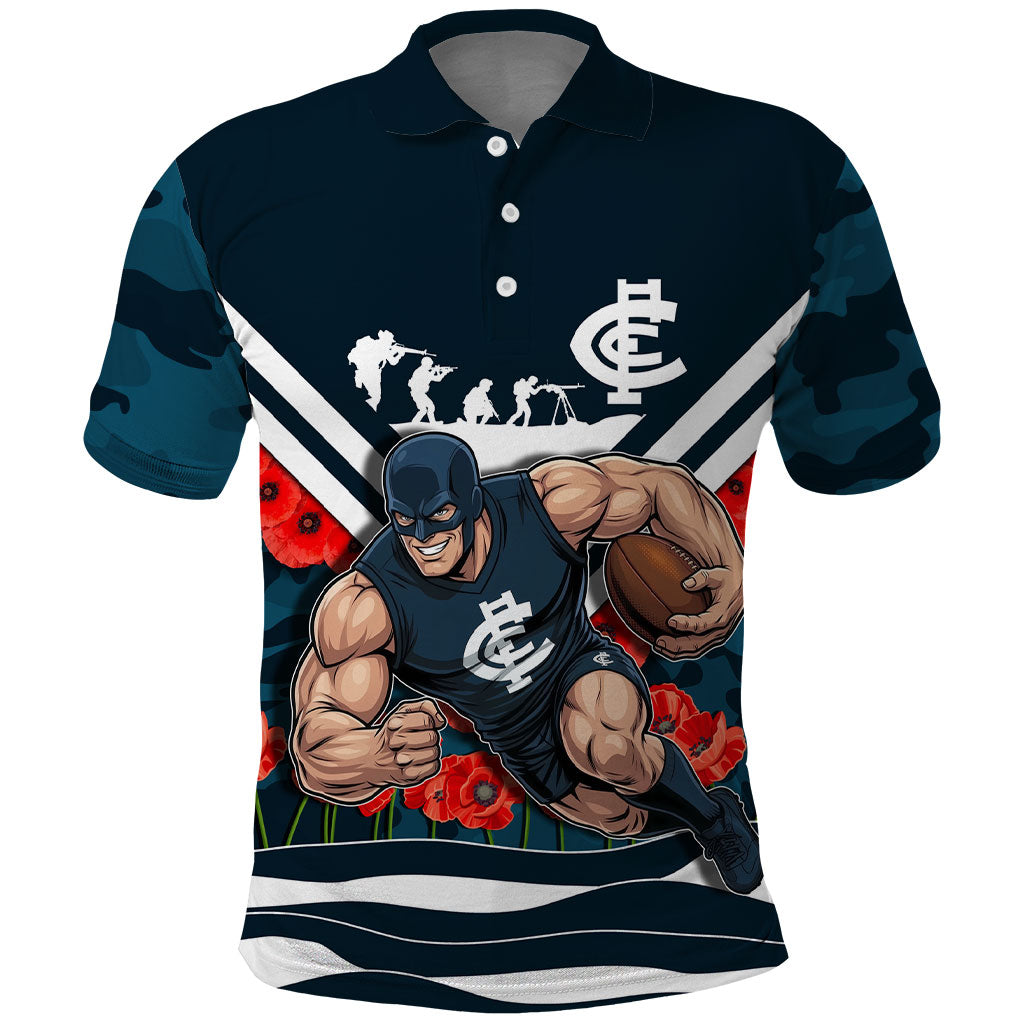 Personalised Carlton Blues ANZAC Polo Shirt Military Remembrance Australian Football Mascot Camouflage