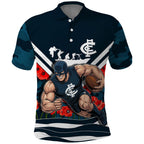 Personalised Carlton Blues ANZAC Polo Shirt Military Remembrance Australian Football Mascot Camouflage