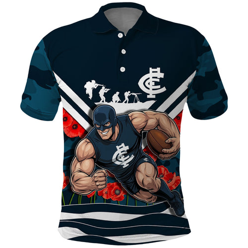 Personalised Carlton Blues ANZAC Polo Shirt Military Remembrance Australian Football Mascot Camouflage