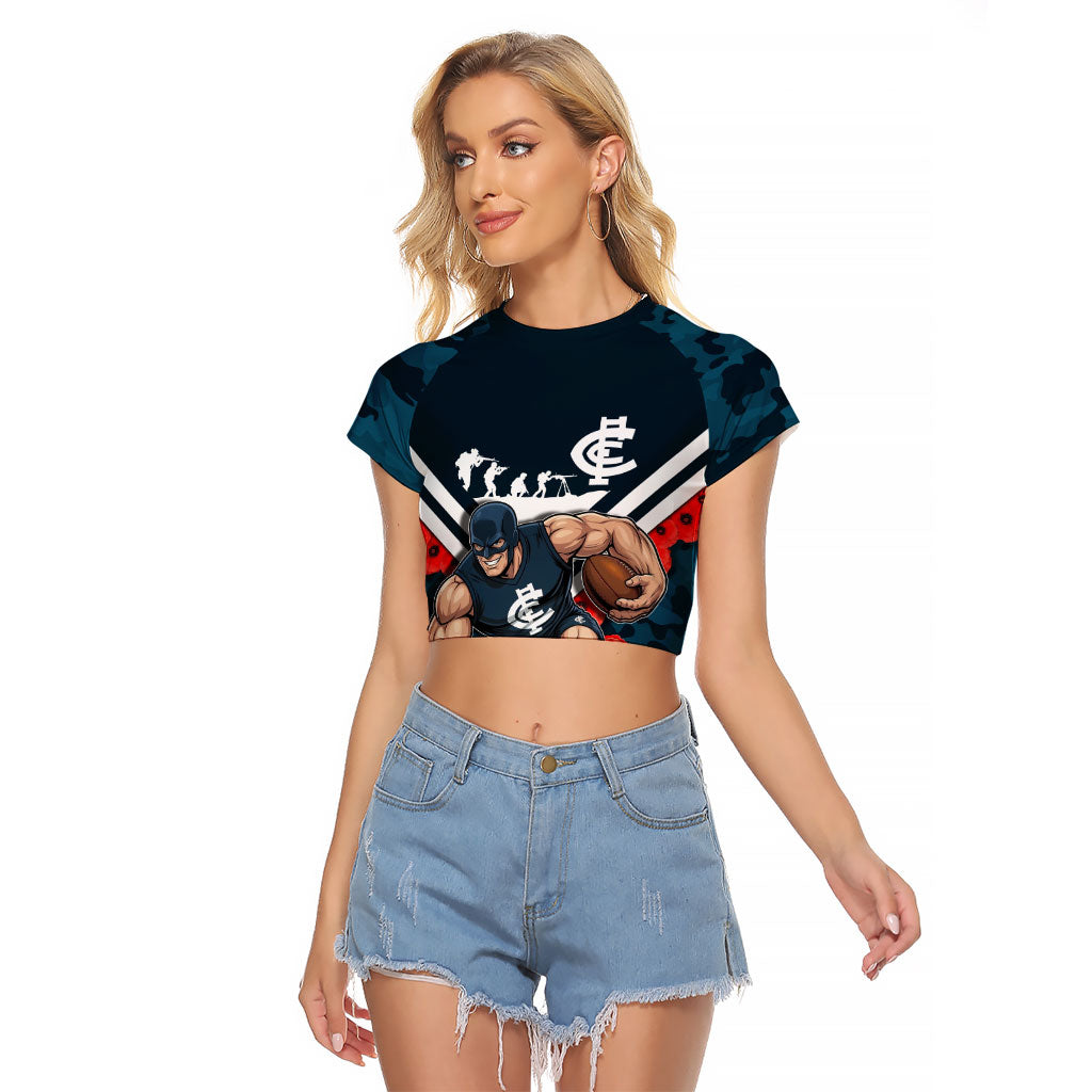 Personalised Carlton Blues ANZAC Raglan Cropped T Shirt Military Remembrance Australian Football Mascot Camouflage