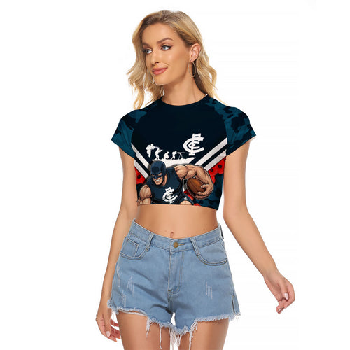 Personalised Carlton Blues ANZAC Raglan Cropped T Shirt Military Remembrance Australian Football Mascot Camouflage