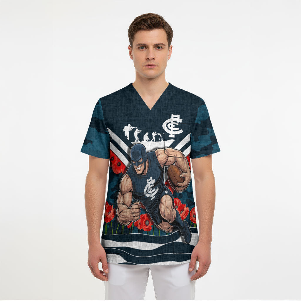 Personalised Carlton Blues ANZAC Scrub Top Military Remembrance Australian Football Mascot Camouflage