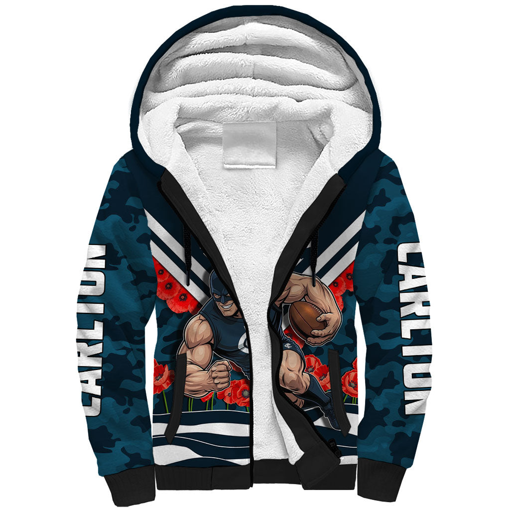 Personalised Carlton Blues ANZAC Sherpa Hoodie Military Remembrance Australian Football Mascot Camouflage