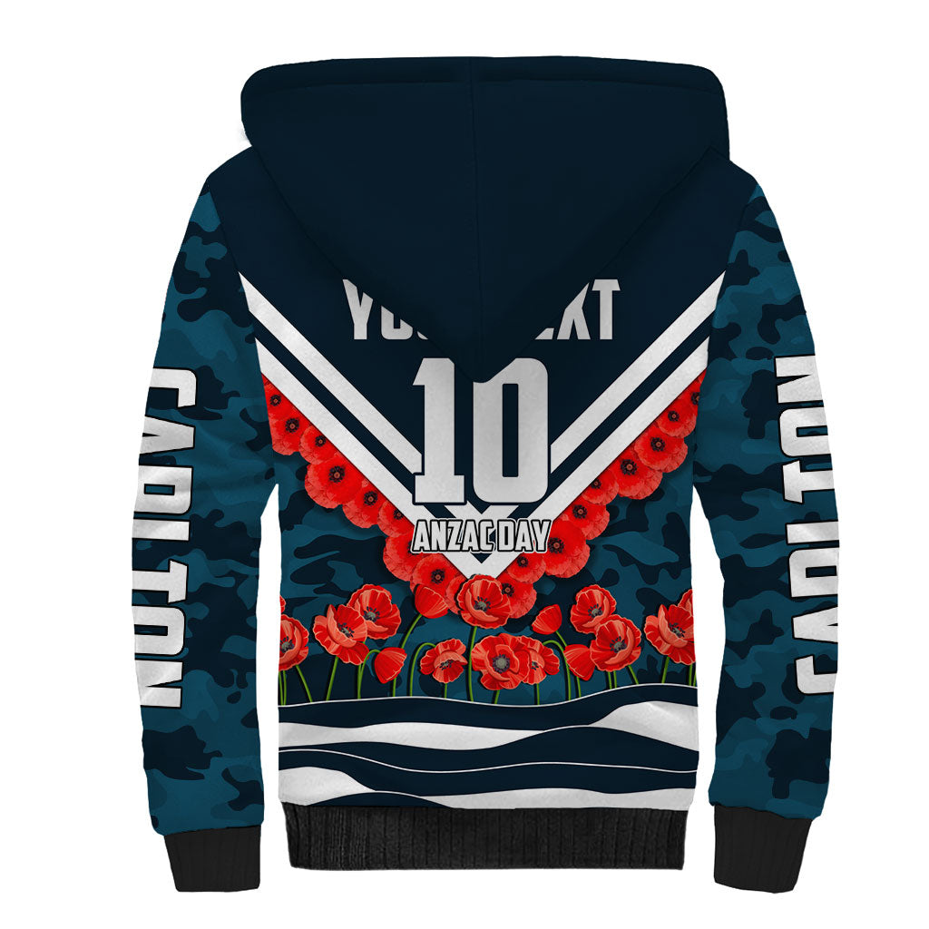 Personalised Carlton Blues ANZAC Sherpa Hoodie Military Remembrance Australian Football Mascot Camouflage