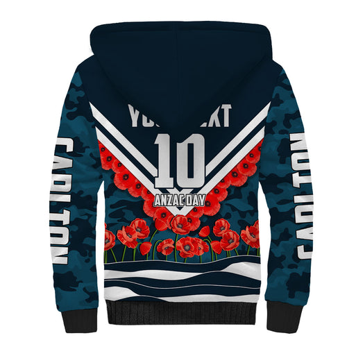Personalised Carlton Blues ANZAC Sherpa Hoodie Military Remembrance Australian Football Mascot Camouflage