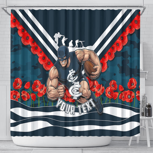 Personalised Carlton Blues ANZAC Shower Curtain Military Remembrance Australian Football Mascot Camouflage