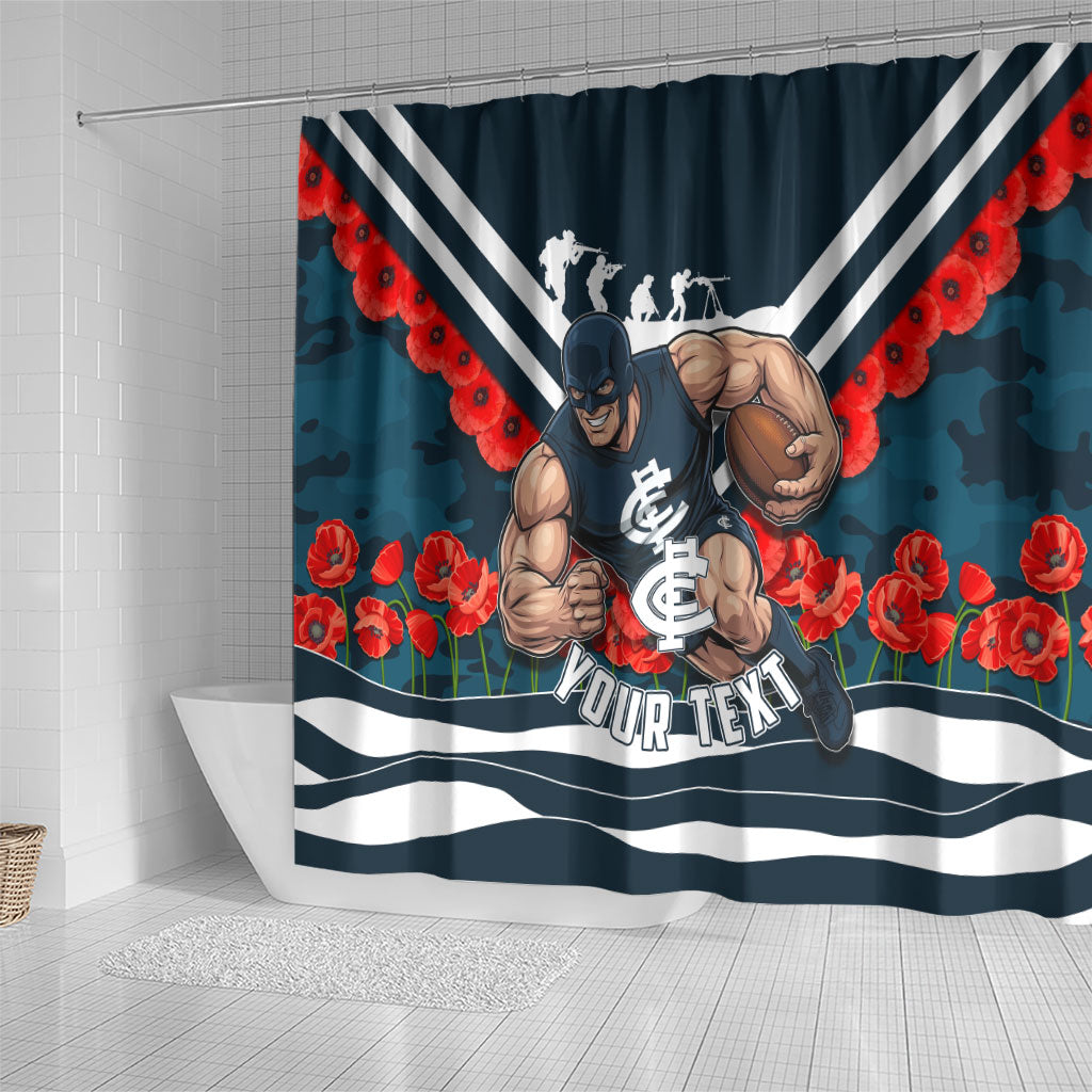 Personalised Carlton Blues ANZAC Shower Curtain Military Remembrance Australian Football Mascot Camouflage