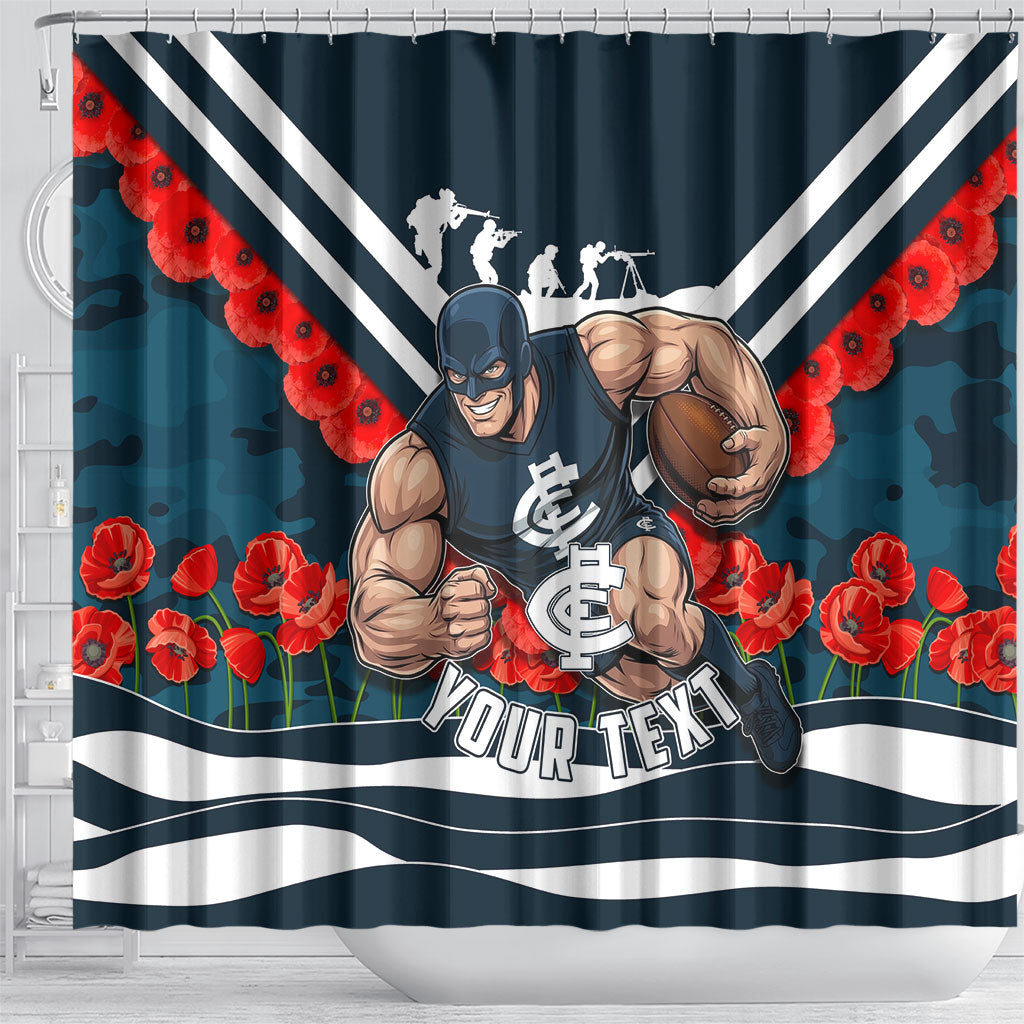 Personalised Carlton Blues ANZAC Shower Curtain Military Remembrance Australian Football Mascot Camouflage