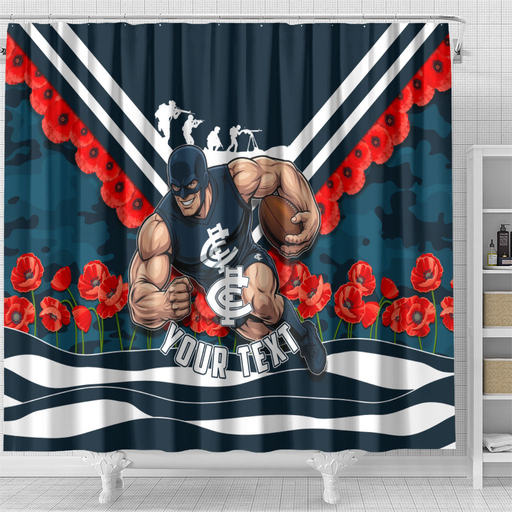 Personalised Carlton Blues ANZAC Shower Curtain Military Remembrance Australian Football Mascot Camouflage