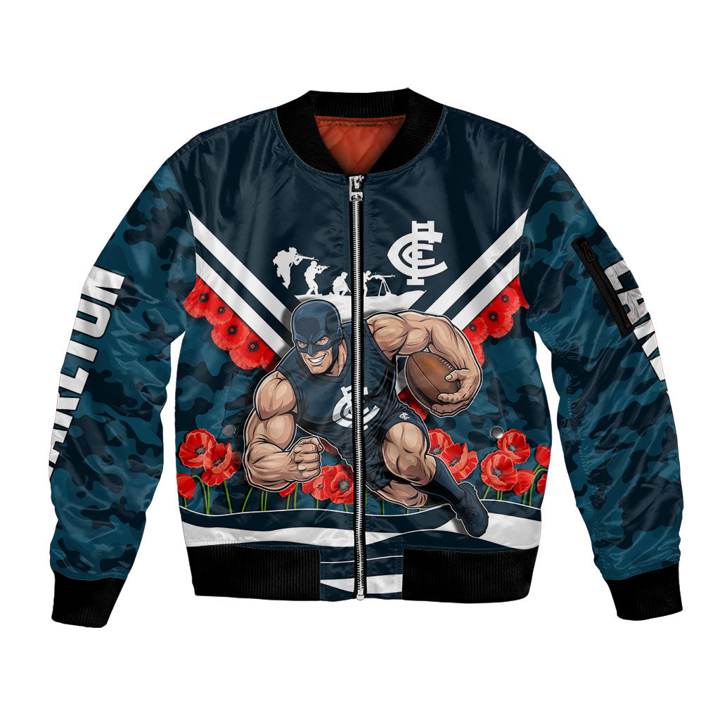 Personalised Carlton Blues ANZAC Sleeve Zip Bomber Jacket Military Remembrance Australian Football Mascot Camouflage