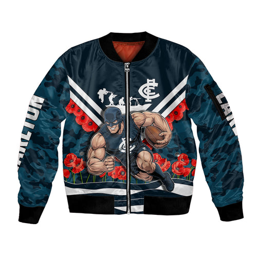 Personalised Carlton Blues ANZAC Sleeve Zip Bomber Jacket Military Remembrance Australian Football Mascot Camouflage