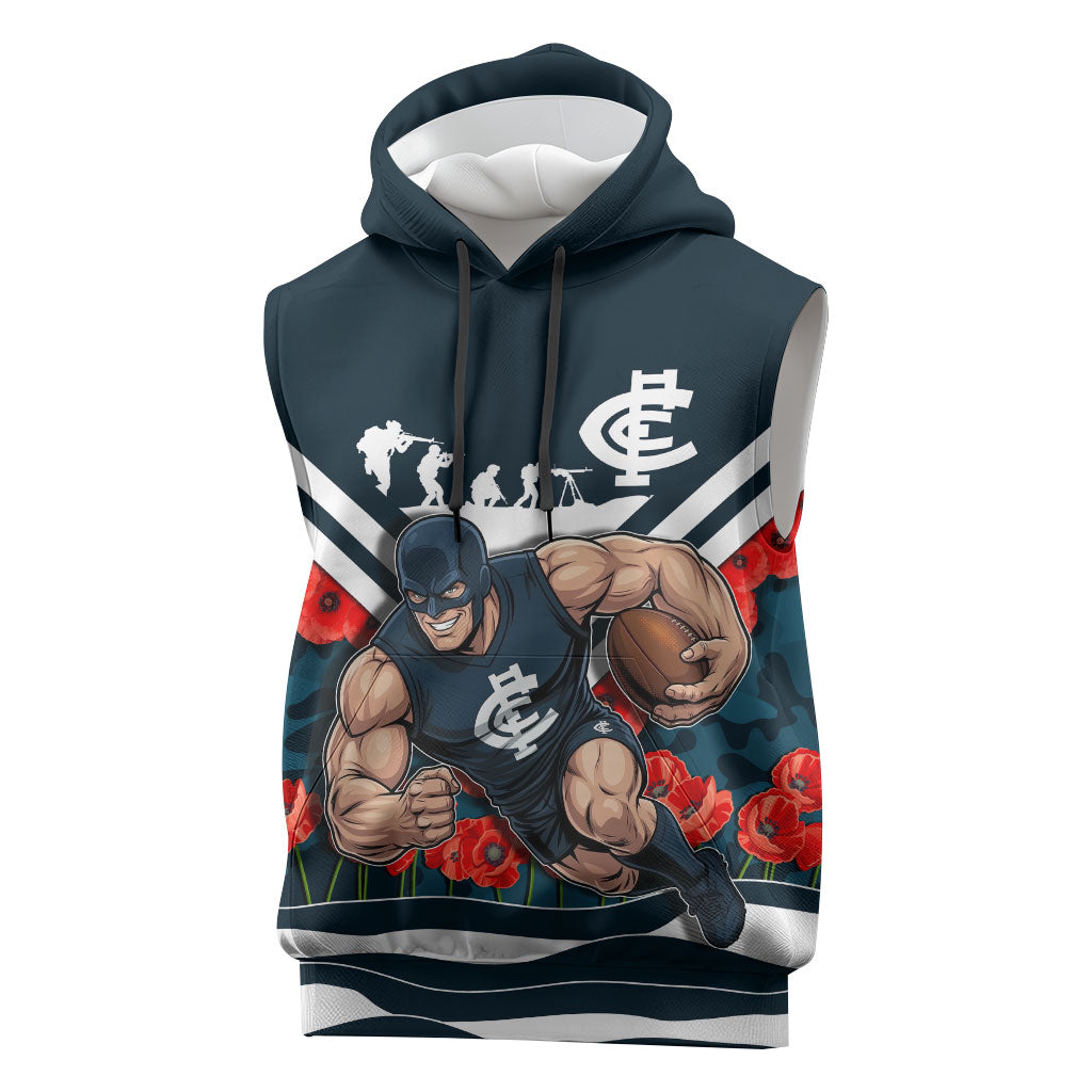 Personalised Carlton Blues ANZAC Sleeveless Hoodie Military Remembrance Australian Football Mascot Camouflage