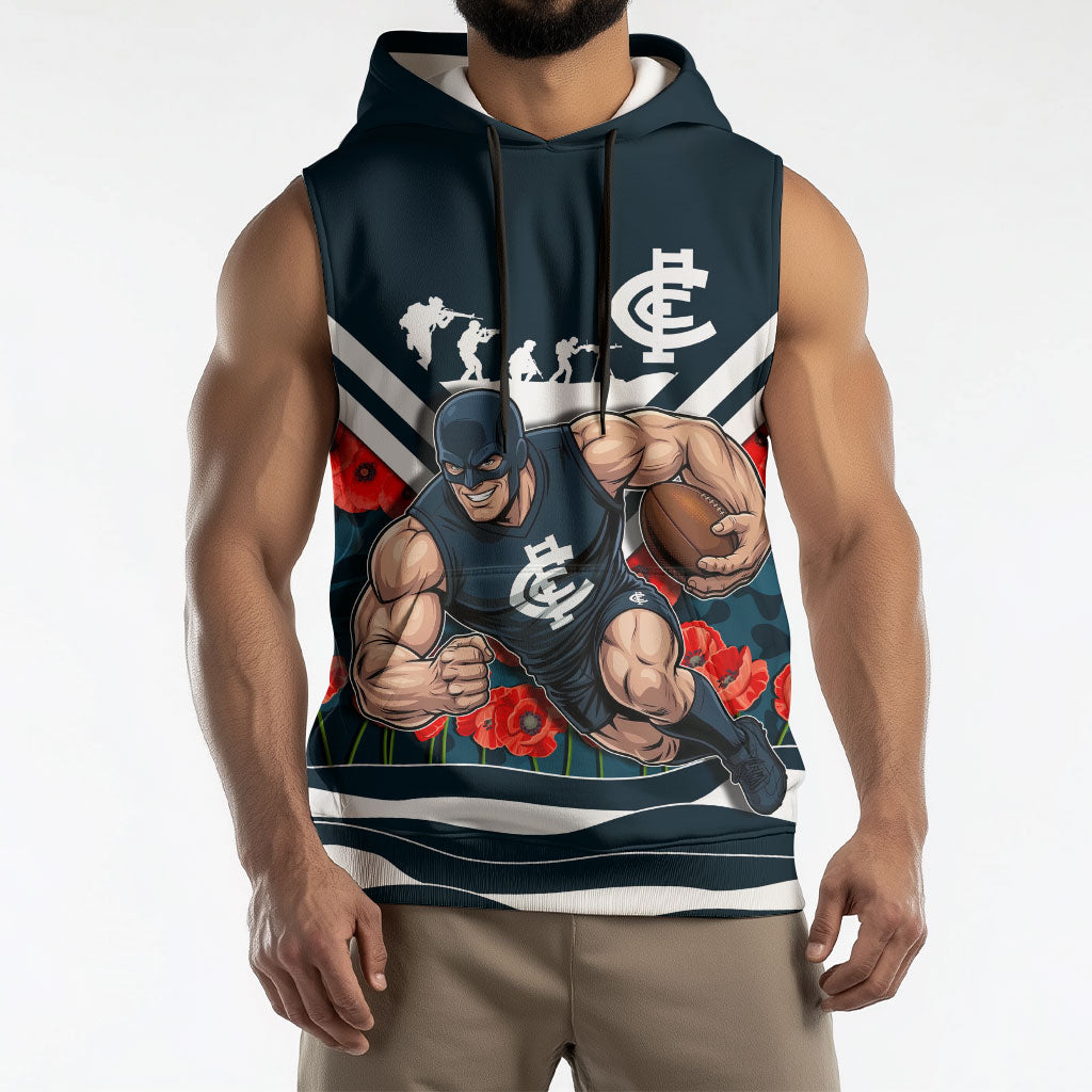 Personalised Carlton Blues ANZAC Sleeveless Hoodie Military Remembrance Australian Football Mascot Camouflage