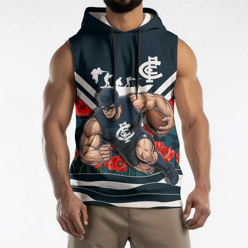Personalised Carlton Blues ANZAC Sleeveless Hoodie Military Remembrance Australian Football Mascot Camouflage