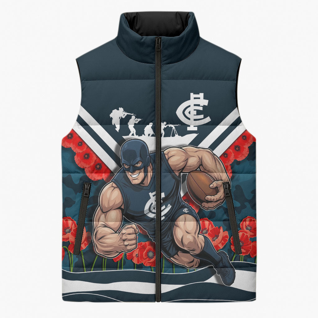 Personalised Carlton Blues ANZAC Sleeveless Puffer Jacket Military Remembrance Australian Football Mascot Camouflage