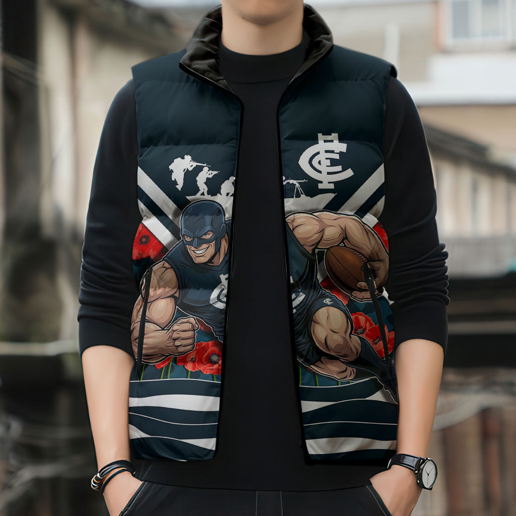 Personalised Carlton Blues ANZAC Sleeveless Puffer Jacket Military Remembrance Australian Football Mascot Camouflage