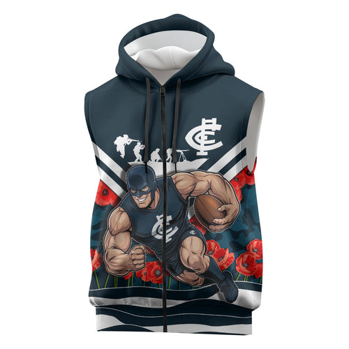 Personalised Carlton Blues ANZAC Sleeveless Zip Hoodie Military Remembrance Australian Football Mascot Camouflage