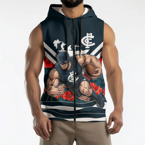 Personalised Carlton Blues ANZAC Sleeveless Zip Hoodie Military Remembrance Australian Football Mascot Camouflage