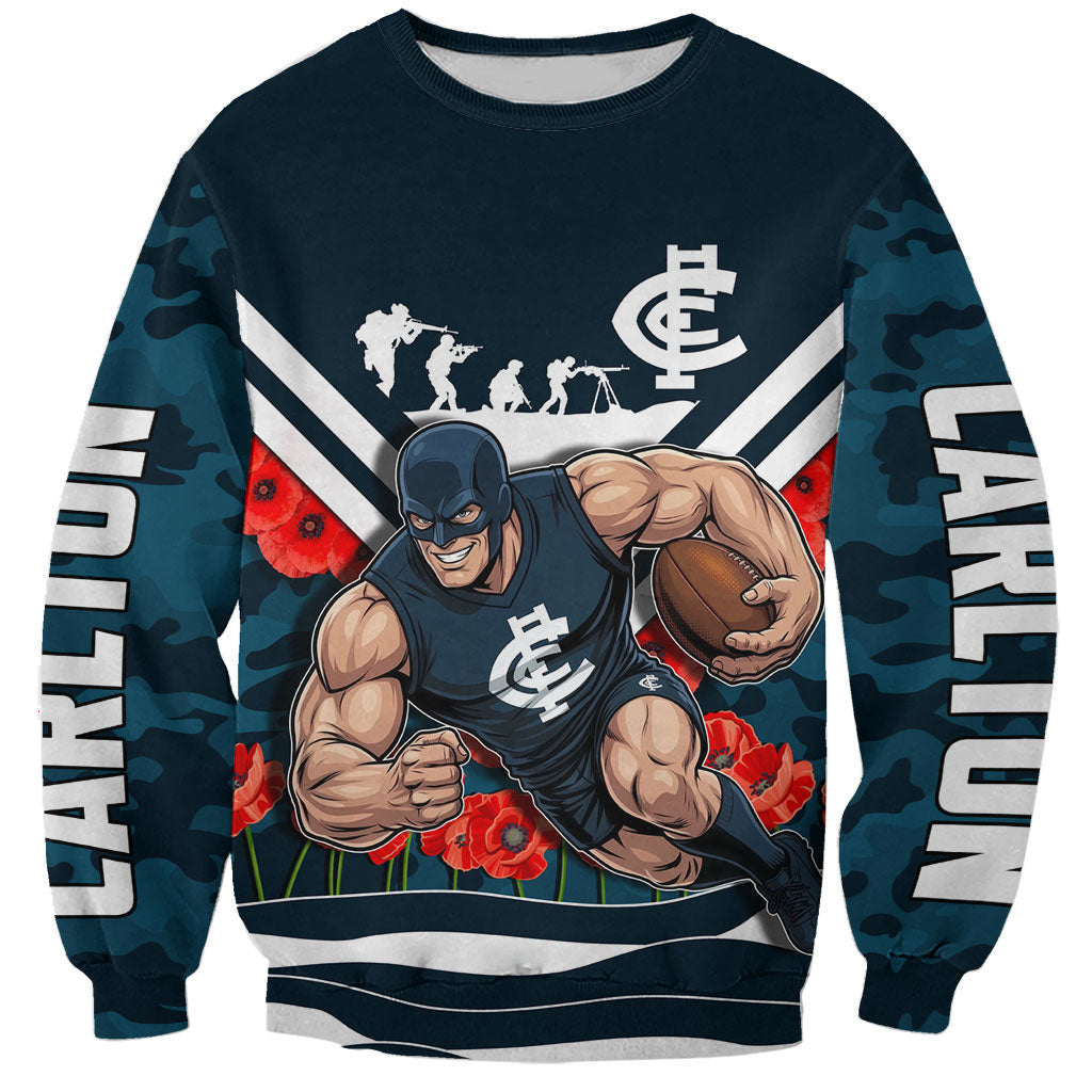 Personalised Carlton Blues ANZAC Sweatshirt Military Remembrance Australian Football Mascot Camouflage