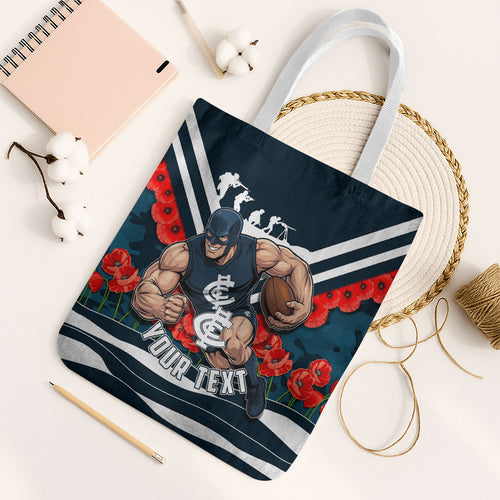 Personalised Carlton Blues ANZAC Tote Bag Military Remembrance Australian Football Mascot Camouflage