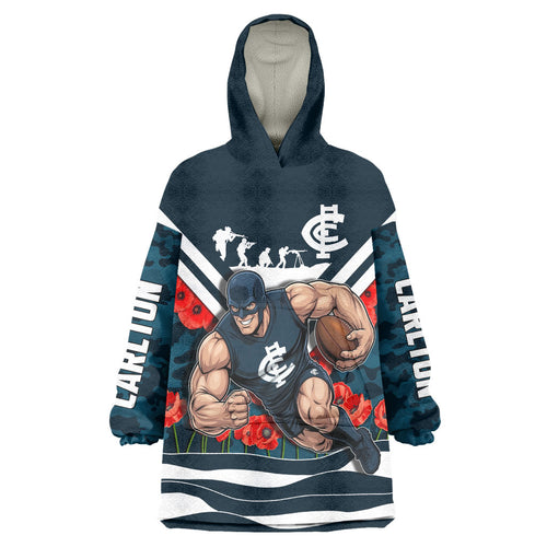 Personalised Carlton Blues ANZAC Wearable Blanket Hoodie Military Remembrance Australian Football Mascot Camouflage