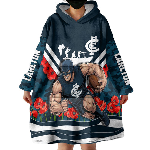 Personalised Carlton Blues ANZAC Wearable Blanket Hoodie Military Remembrance Australian Football Mascot Camouflage