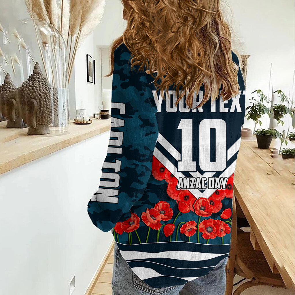 Personalised Carlton Blues ANZAC Women Casual Shirt Military Remembrance Australian Football Mascot Camouflage