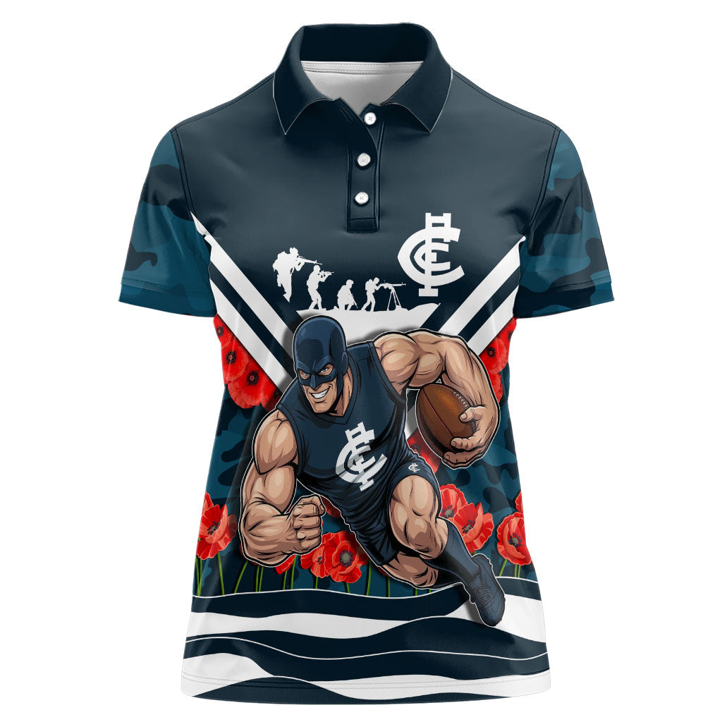 Personalised Carlton Blues ANZAC Women Polo Shirt Military Remembrance Australian Football Mascot Camouflage