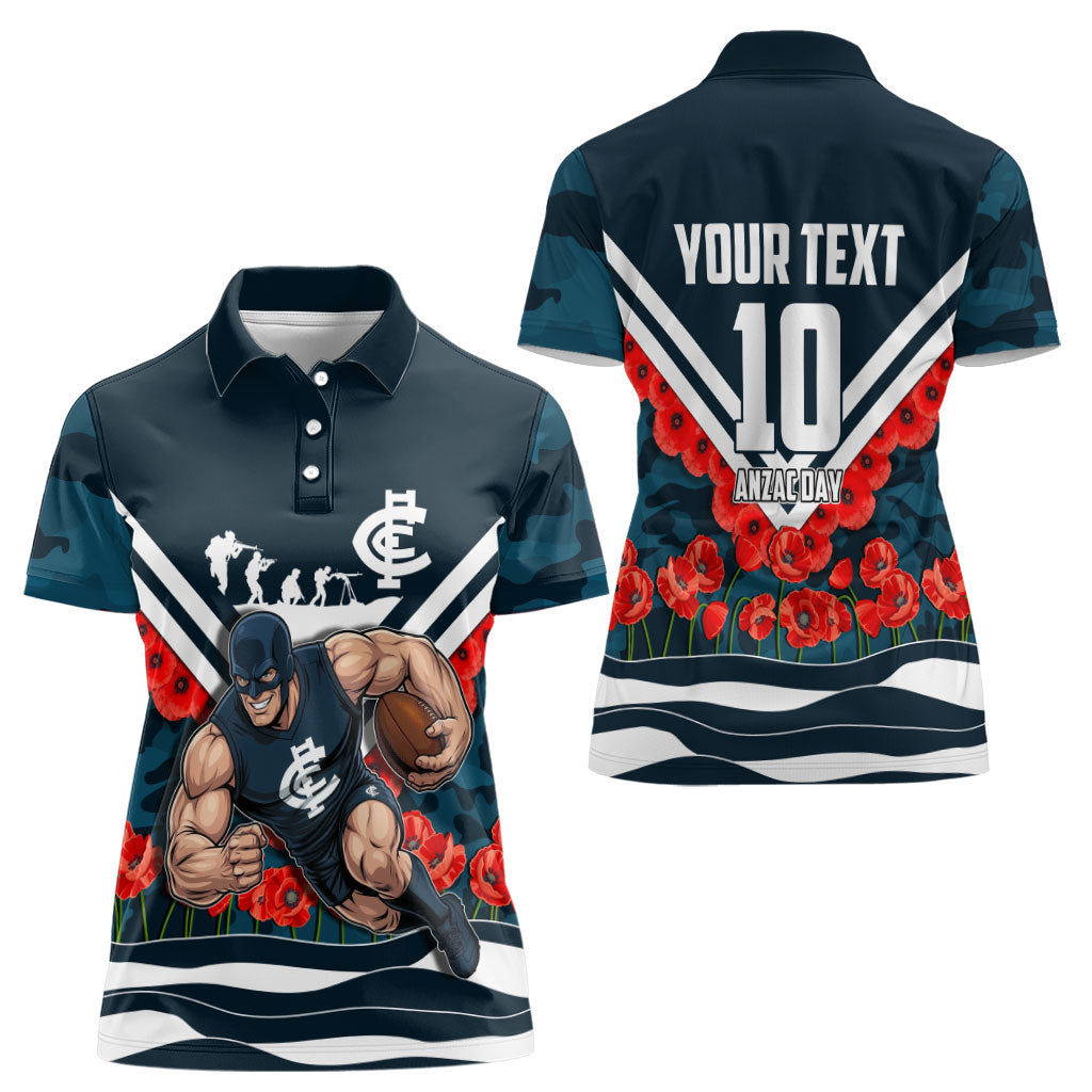 Personalised Carlton Blues ANZAC Women Polo Shirt Military Remembrance Australian Football Mascot Camouflage