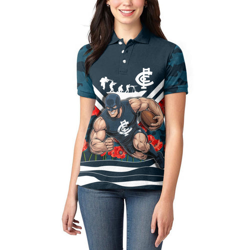 Personalised Carlton Blues ANZAC Women Polo Shirt Military Remembrance Australian Football Mascot Camouflage