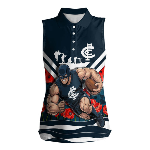 Personalised Carlton Blues ANZAC Women Sleeveless Polo Shirt Military Remembrance Australian Football Mascot Camouflage