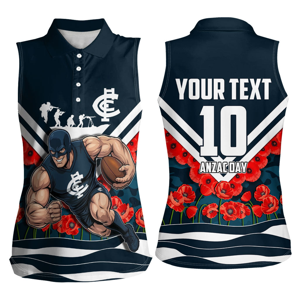 Personalised Carlton Blues ANZAC Women Sleeveless Polo Shirt Military Remembrance Australian Football Mascot Camouflage