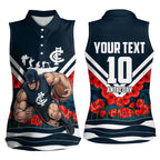 Personalised Carlton Blues ANZAC Women Sleeveless Polo Shirt Military Remembrance Australian Football Mascot Camouflage