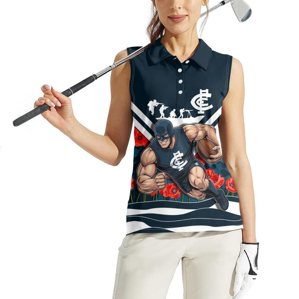 Personalised Carlton Blues ANZAC Women Sleeveless Polo Shirt Military Remembrance Australian Football Mascot Camouflage